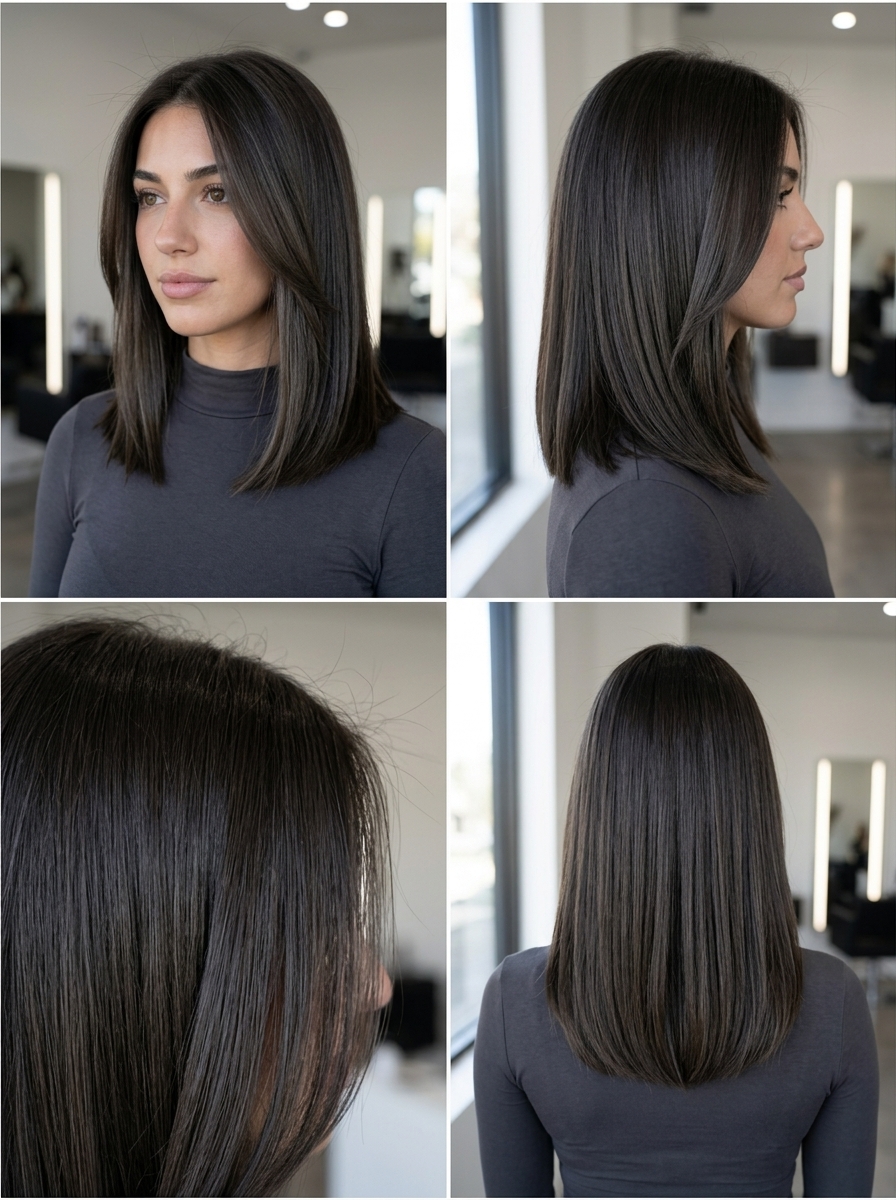 long solid deep espresso mushroom brown with ash undertones, blunt cut, no fringe — sophisticated evening look