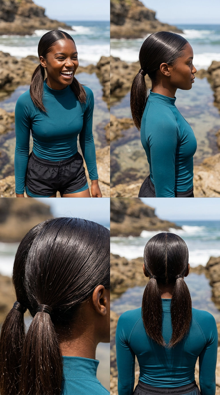 long slicked-back low pigtails with deep espresso, strong hold gel, bold edgy style for festivals
