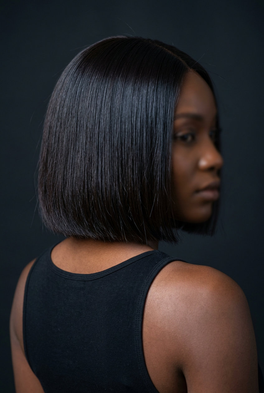 The Midnight Glass Bob: Fresh Summer Haircut 2026 short blunt bob haircut in deep espresso brown with high gloss finish, precision cut — sophisticated summer style