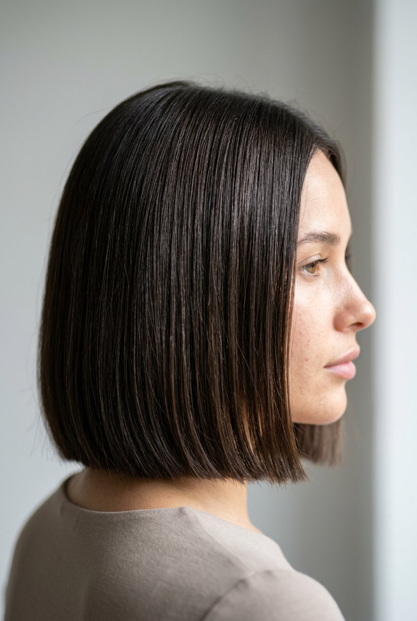 short french bob haircut in deep espresso with a blunt perimeter for sophisticated daily wear