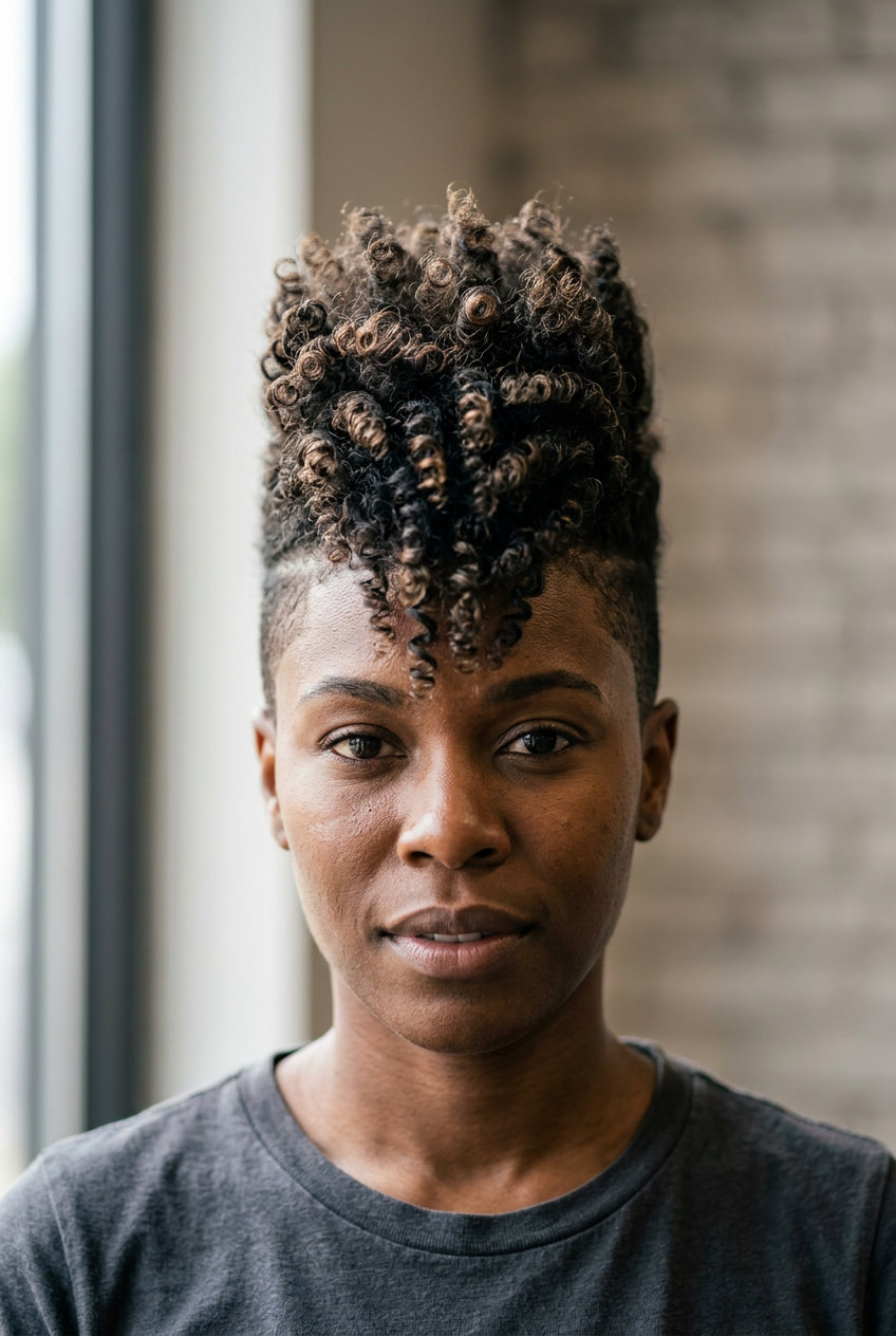 short tapered hair with deep espresso color in defined fro-hawk for summer