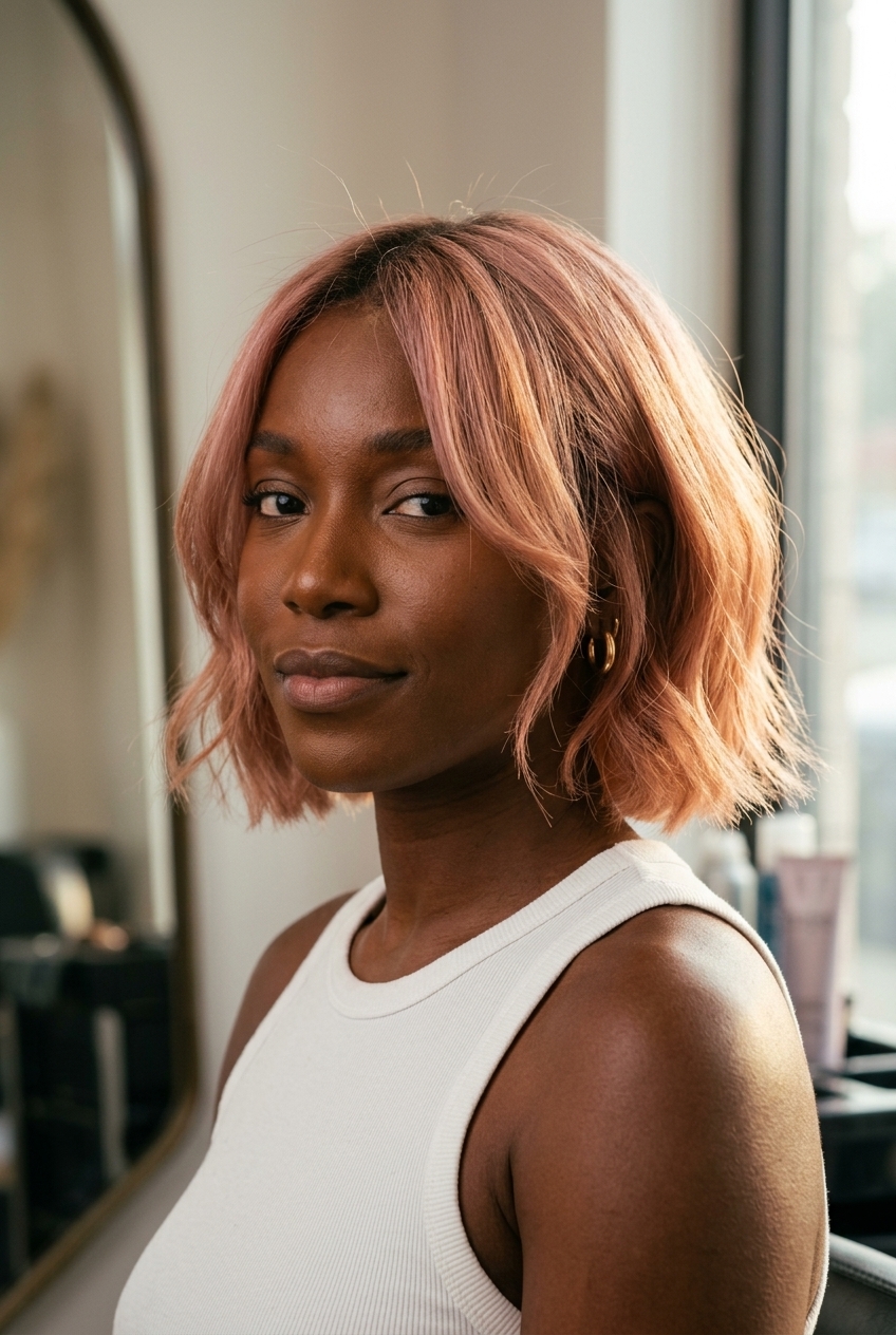 short bob haircut in dusty rose pastel with peachy-golden undertones and face-framing layers for romance