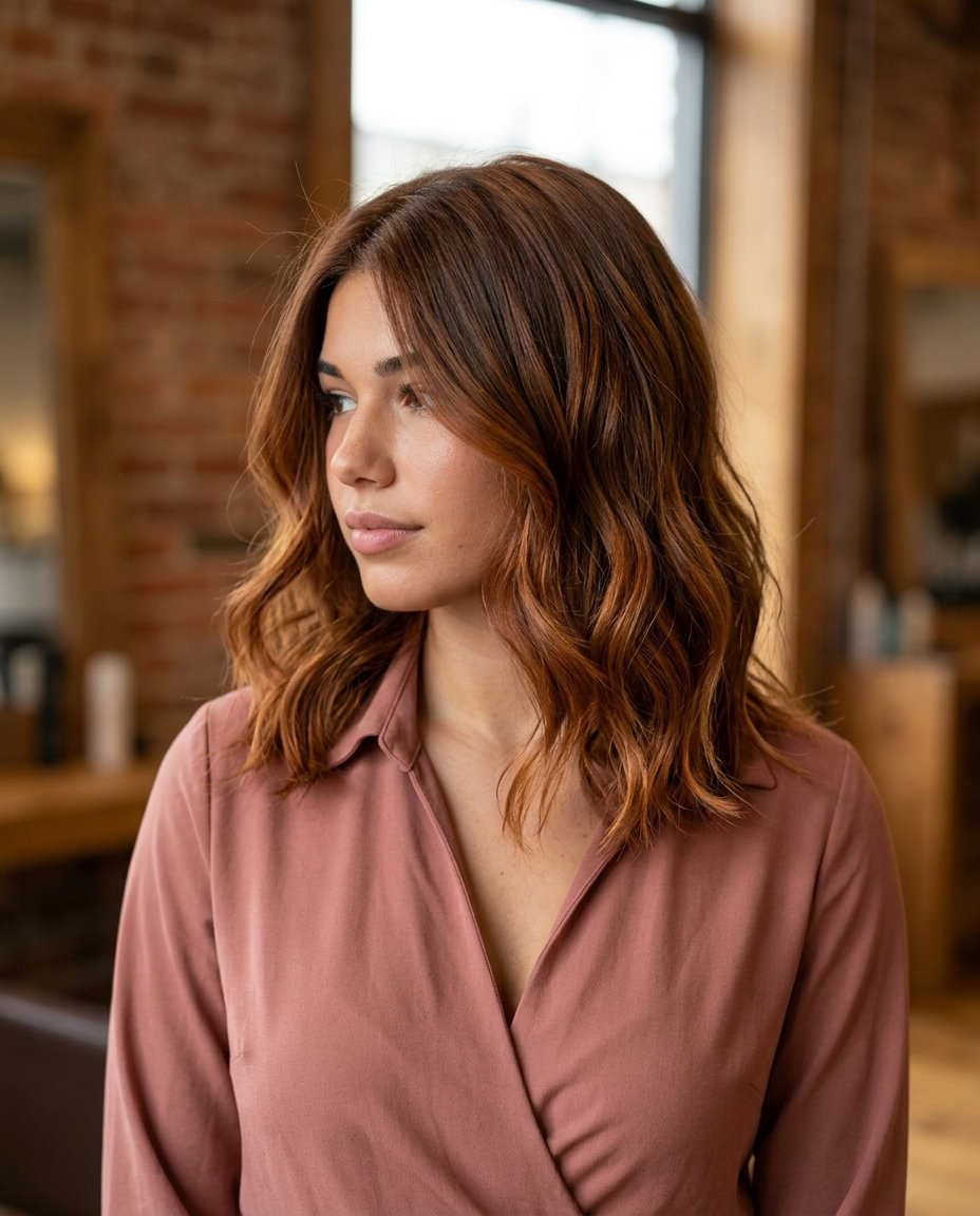 long layered hair in earthy brown-auburn to copper-auburn with balayage — playful effortless natural