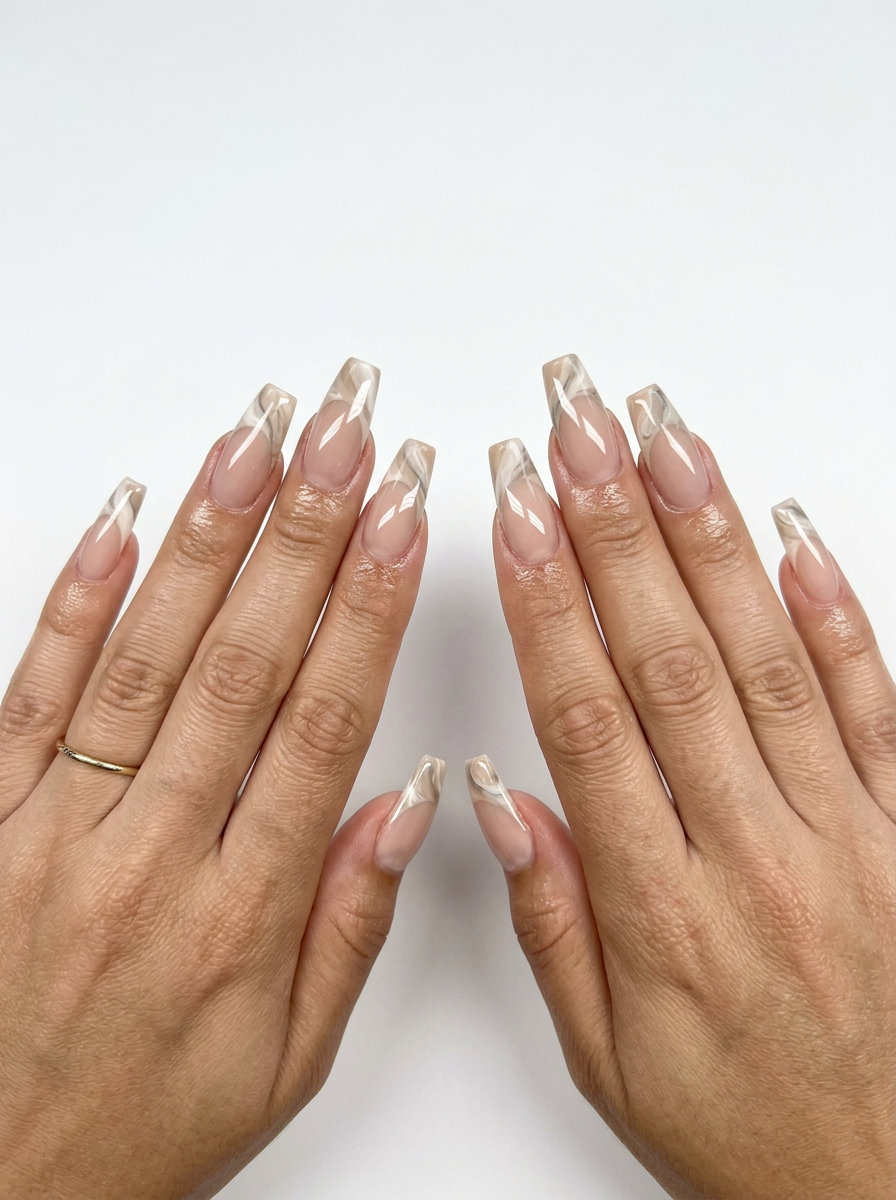 Easy Summer Nails 2026: Artistic Marble French Tip Easy summer nails 2026: Sophisticated Artistic Marble French Tip Coffin nails for formal events.