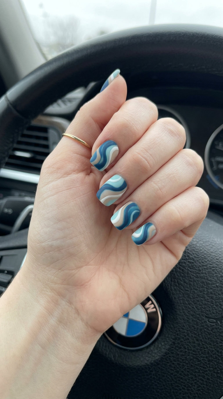 Easy Summer Nails 2026: Coastal Swirl Matte Coastal swirl matte square nails for easy summer nails 2026, perfect for beach trips and casual outings.