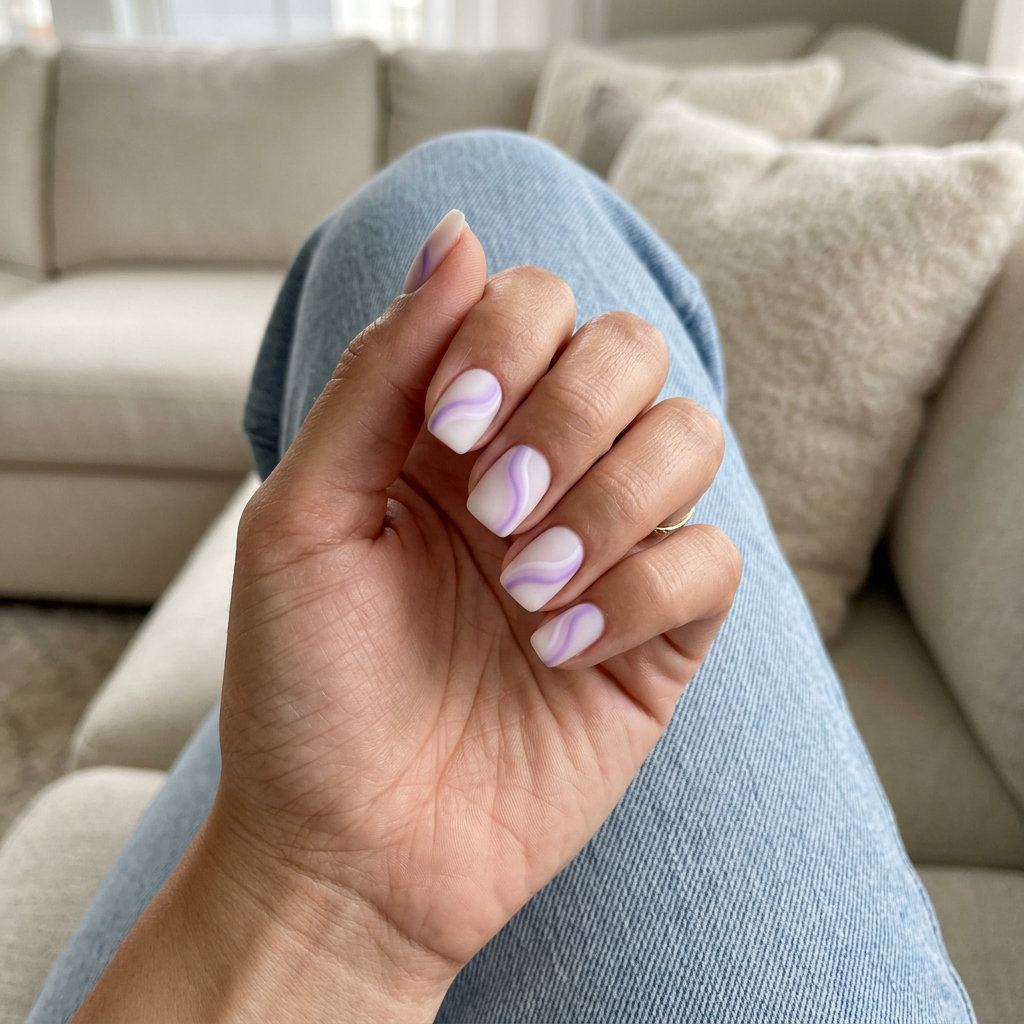Easy Summer Nails 2026: Dreamy Lavender Swirls Easy summer nails 2026: Dreamy Lavender Swirls Soft Squoval nails for casual everyday style.