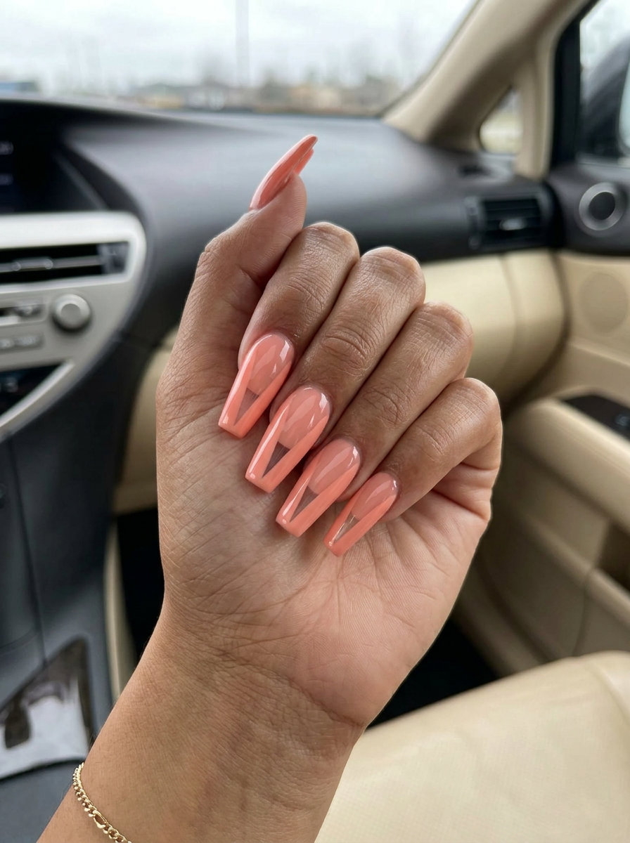 Easy Summer Nails 2026: Edgy Coral Negative Space Edgy Coral Negative Space coffin nails for easy summer nails 2026. Bold and modern party style.