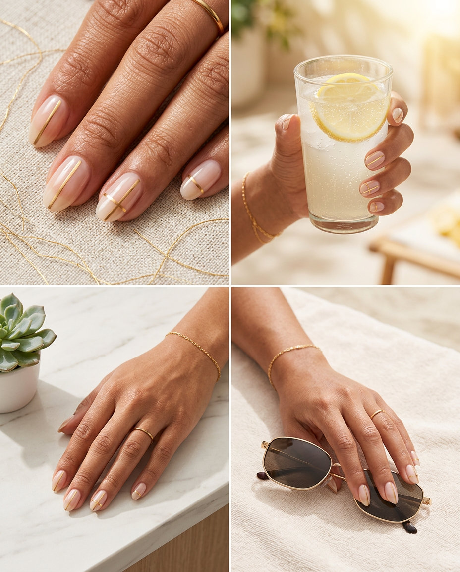 Easy Summer Nails 2026: Geometric Gold Oval Geometric gold lines negative space oval nails for easy summer nails 2026, sophisticated for parties.