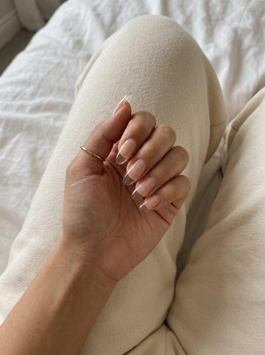 Easy Summer Nails 2026: Glass French Almond Glass French almond chic nails for easy summer nails 2026, ideal for work and minimalist chic looks.