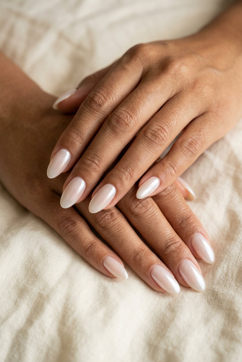 Easy Summer Nails 2026: Glazed Donut Almond Sheer nude glazed donut almond nails for easy summer nails 2026, perfect for weddings and work.