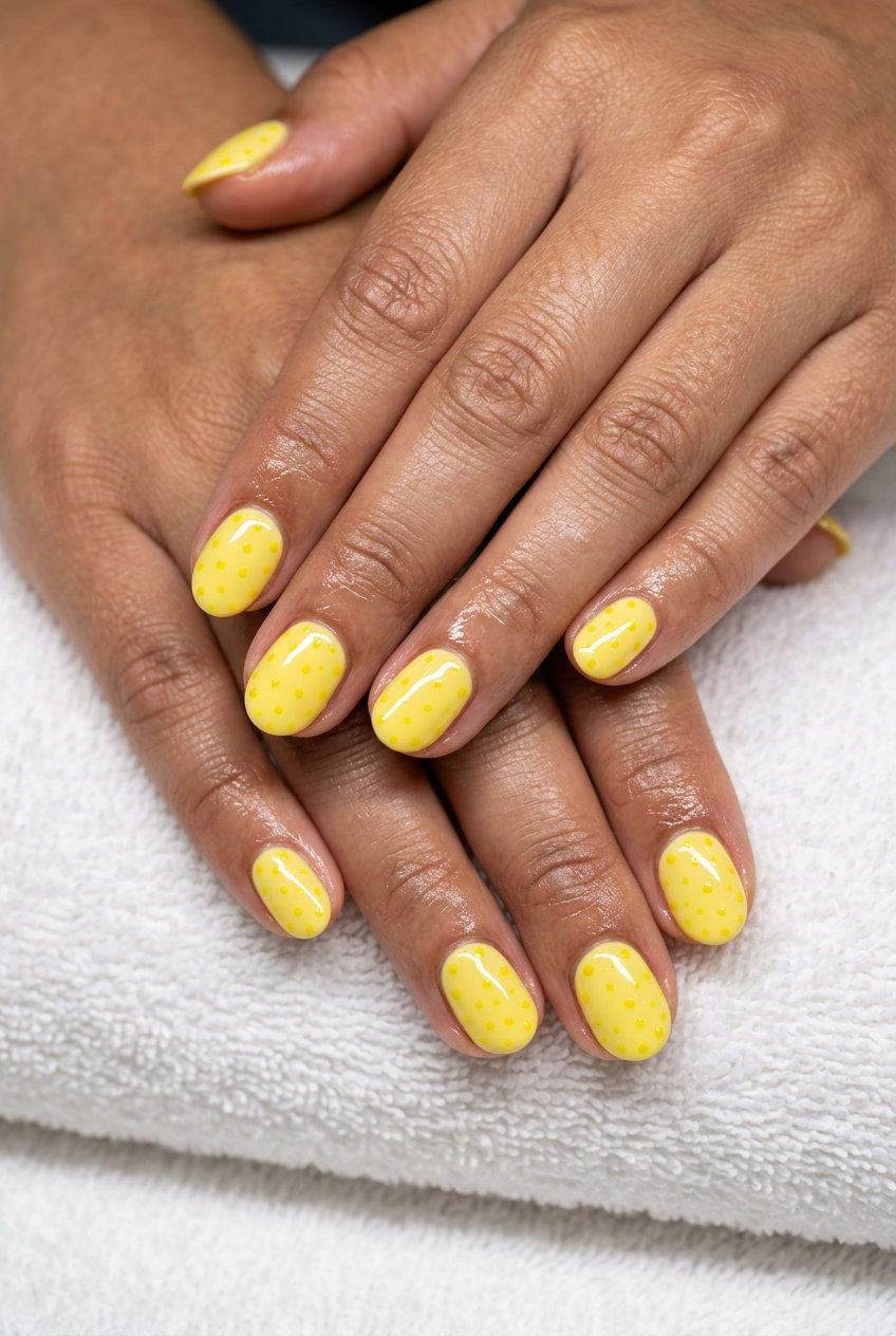 Easy Summer Nails 2026: Lemon Zest Dots Oval Lemon Zest Dots Oval nails for easy summer nails 2026. Playful and sweet picnic style.