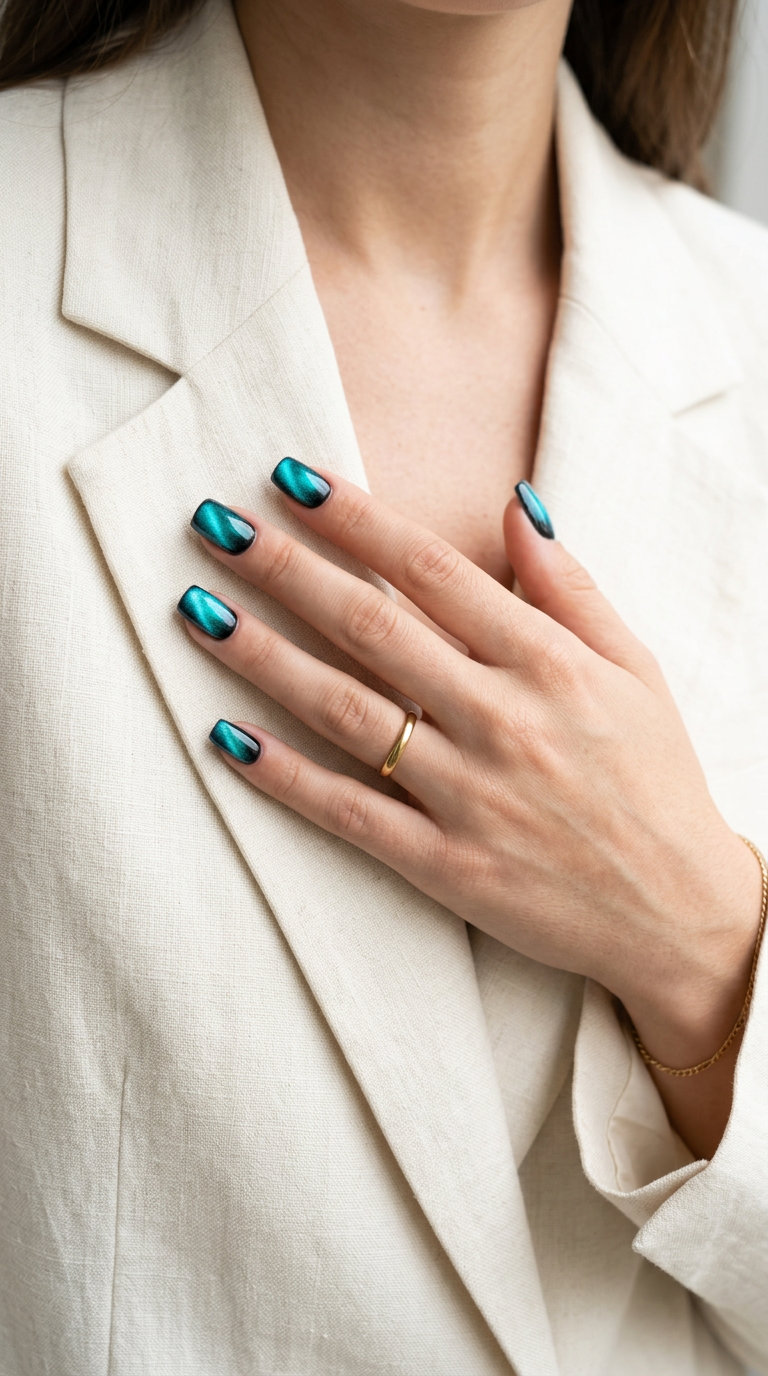 Easy Summer Nails 2026: Mystic Turquoise Cat-Eye Easy summer nails 2026: Sultry Mystic Turquoise Cat-Eye Square nails for date night or festivals.
