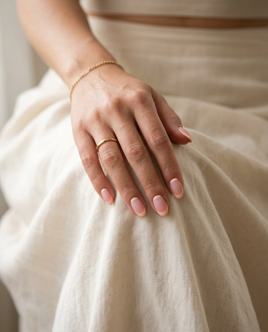 Easy Summer Nails 2026: Peach Fuzz French Oval Subtle Peach Fuzz Reverse French Oval nails for easy summer nails 2026. Minimalist and chic.