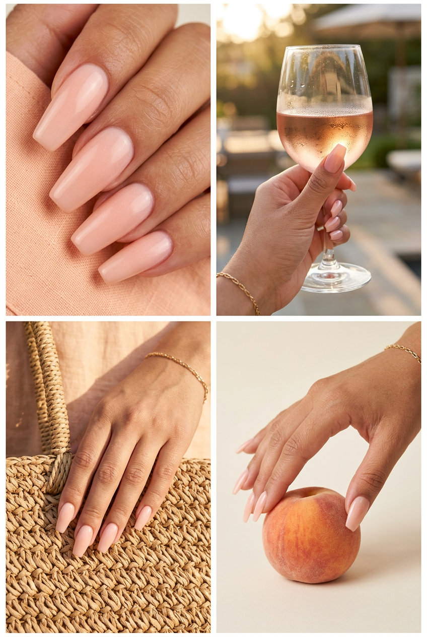 Easy Summer Nails 2026: Peachy Keen Milky Coffin Peachy Keen Milky Coffin nails for easy summer nails 2026. Romantic and elegant evening style.