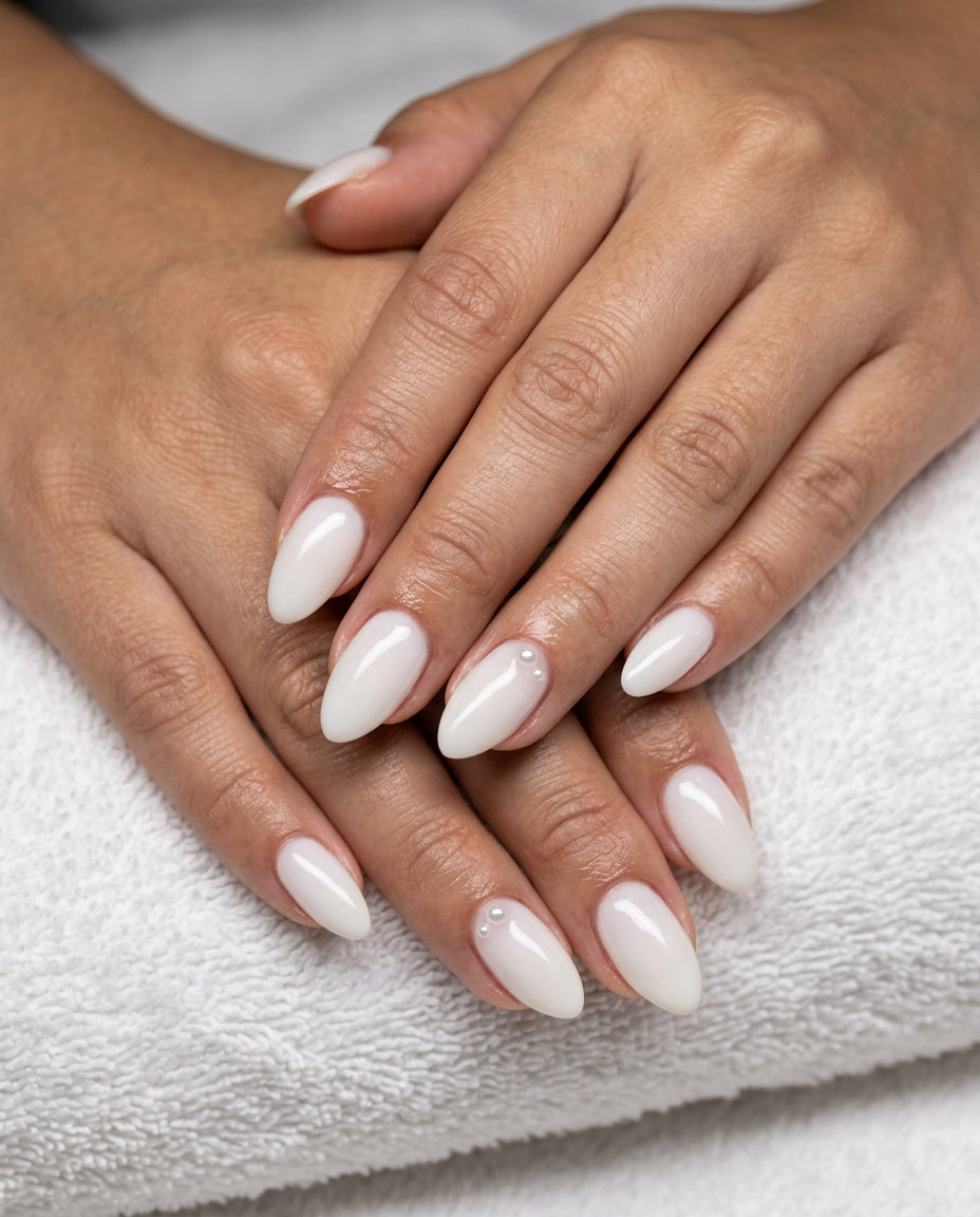 Easy summer nails 2026: Elegant Pearl Charm Milky Almond nails for weddings or date night.