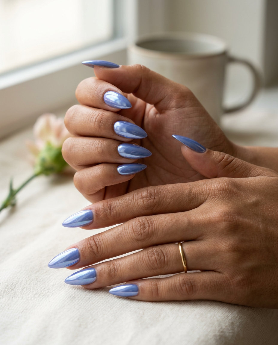 Easy Summer Nails 2026: Periwinkle Blue Chrome Stiletto Periwinkle Blue Chrome Stiletto nails for easy summer nails 2026. Bold and edgy party style.