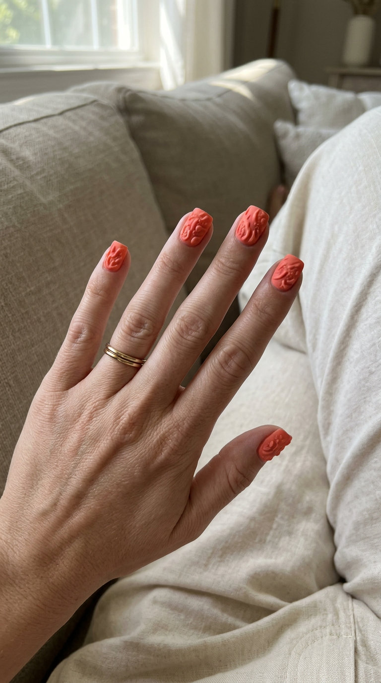 Easy Summer Nails 2026: Textured Coral Reef Square Textured Coral Reef Square nails for easy summer nails 2026. Bohemian vacation style.
