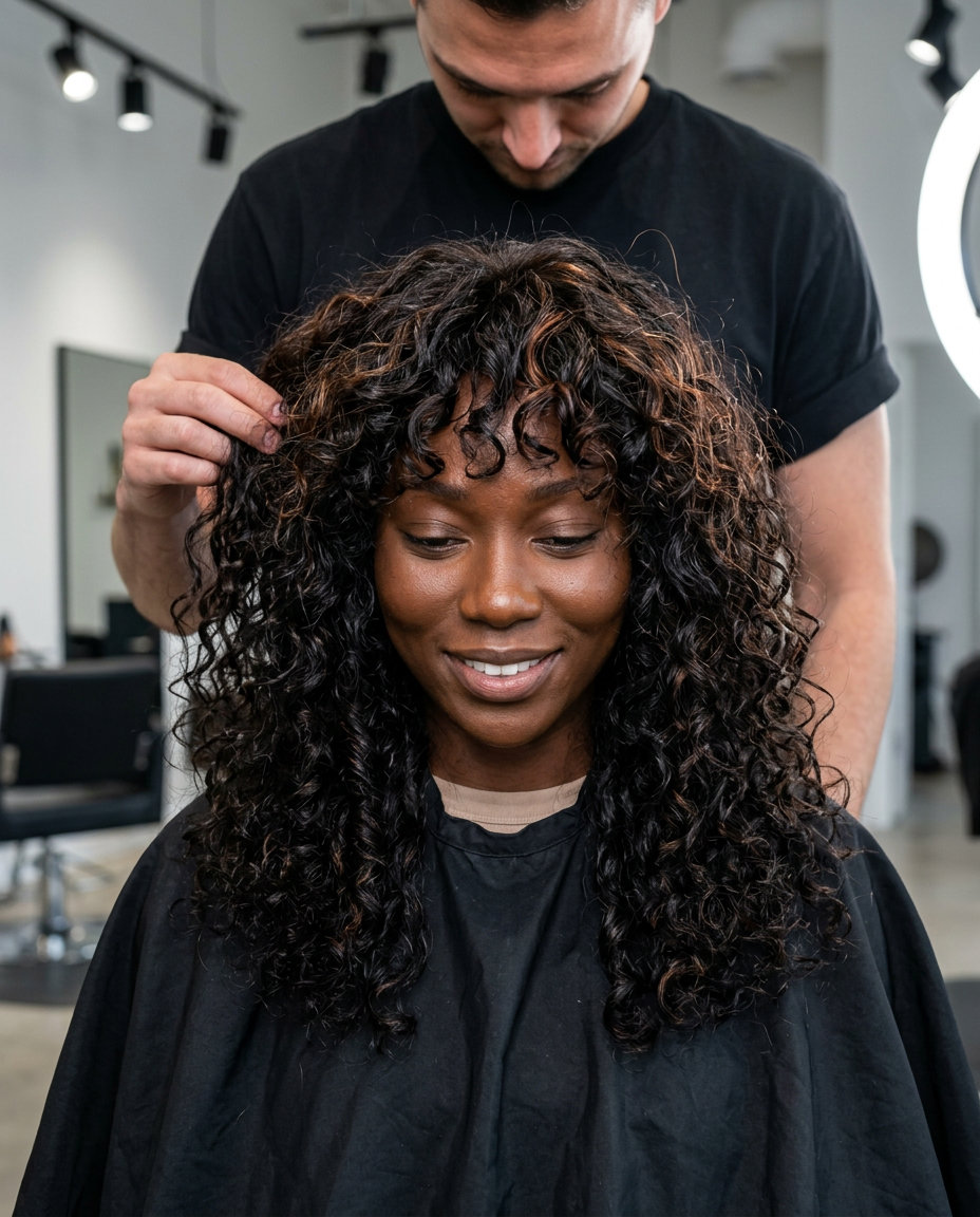 long choppy shag haircut with ebony and copper peek-a-boo highlights, point-cut layers, curly bangs — vibrant and natural