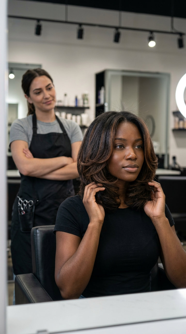 medium-long ebony curly haircut with cinnamon highlights and voluminous halo shape for summer