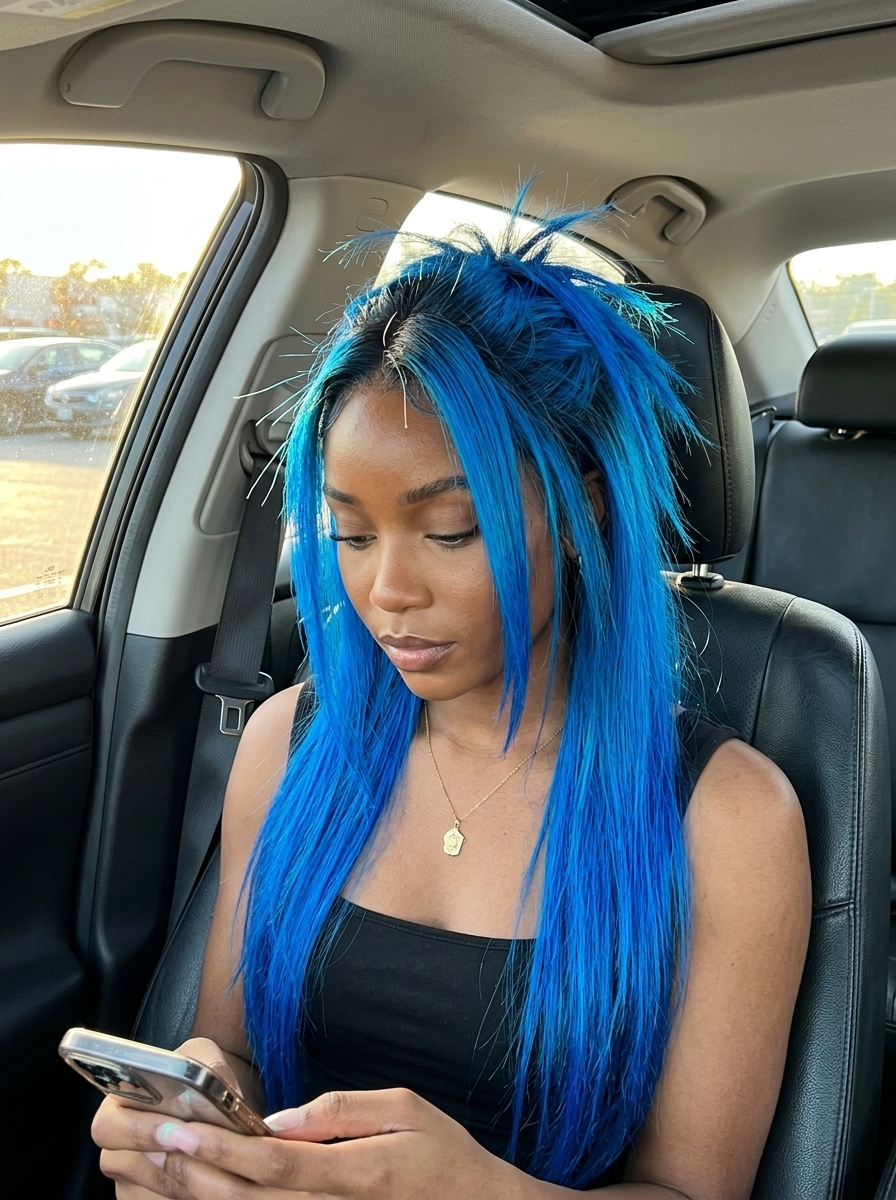long razored haircut in electric blue with dark root shadow for summer