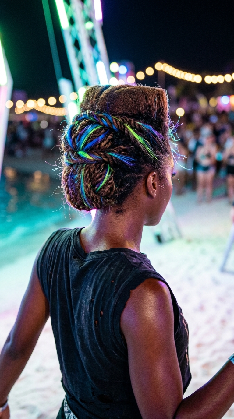 short electric blue twisted mohawk half up half down with sculpted waves for festivals