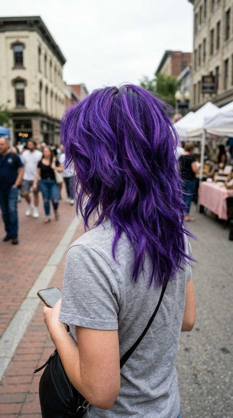 medium electric violet wolf cut with magenta root smudge and choppy layers for edgy look