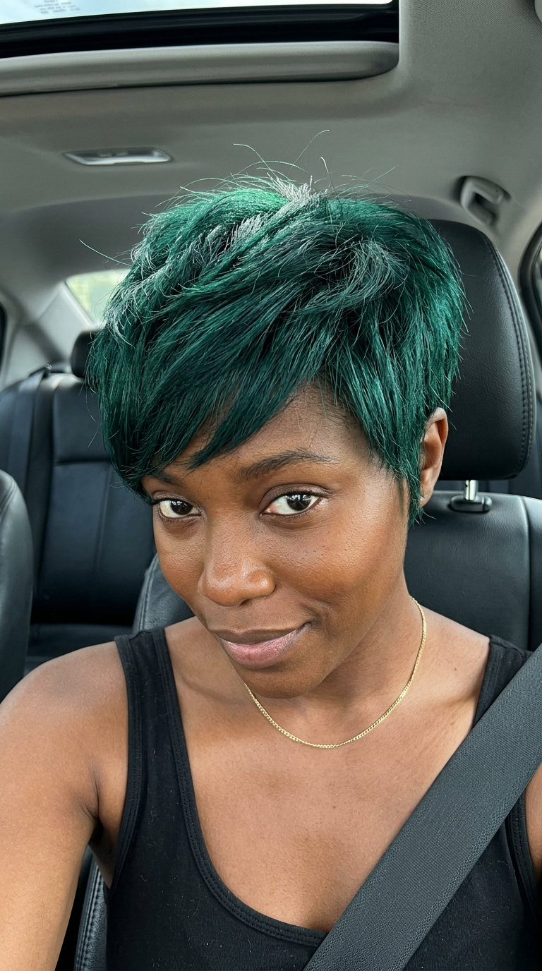 Emerald Green Bixie Haircut 2026 short bixie haircut in deep emerald green with cool undertones, razored texture for bold styles