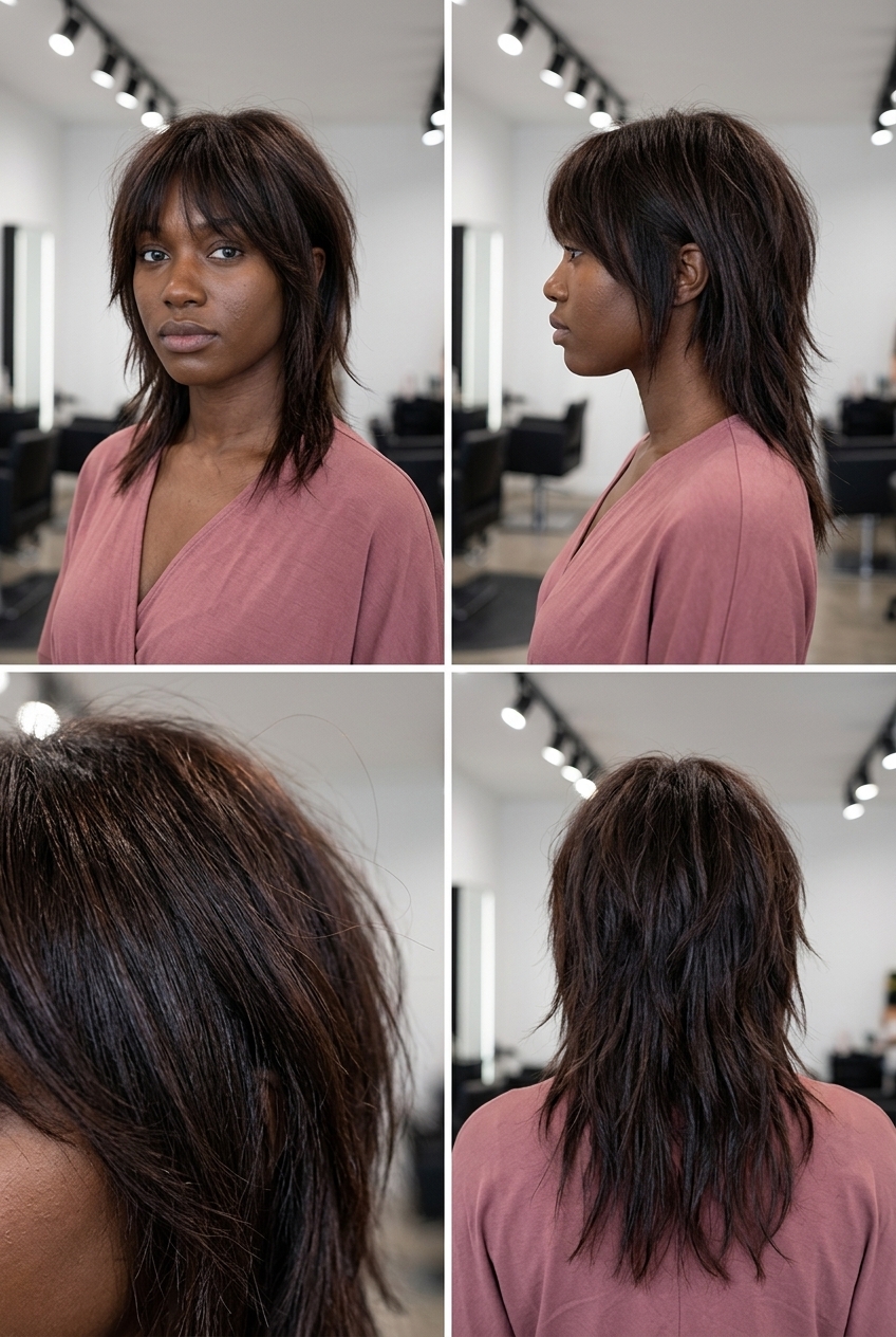 medium choppy shag haircut with deep espresso auburn, tapered sides, disconnected fringe — edgy rebellious