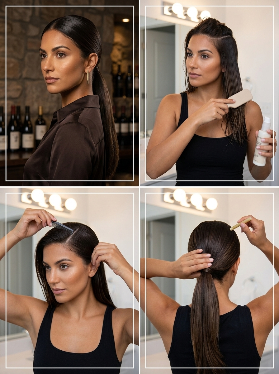 long espresso brown ponytail with sleek finish and side part for professional events