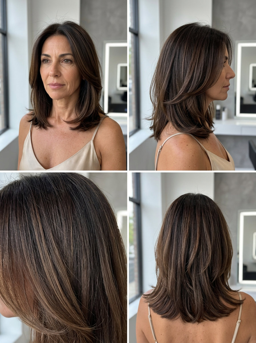 medium-length espresso brown haircut with soft layers, face-framing pieces, no fringe — soft sophisticated