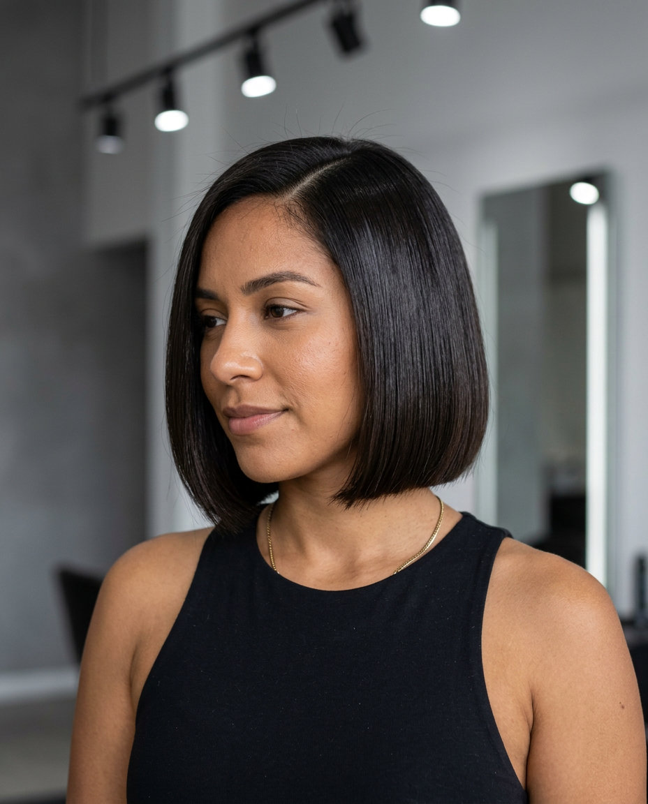 short french bob haircut with deep espresso brown, clear high-shine glaze, blunt perimeter — sophisticated professional look