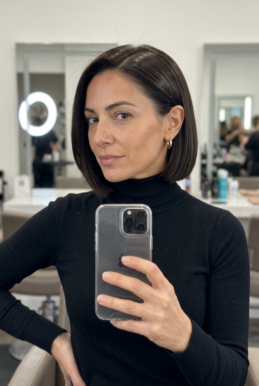 chin-length blunt bob haircut in rich espresso brunette, high shine, deep side part — sophisticated sleek look