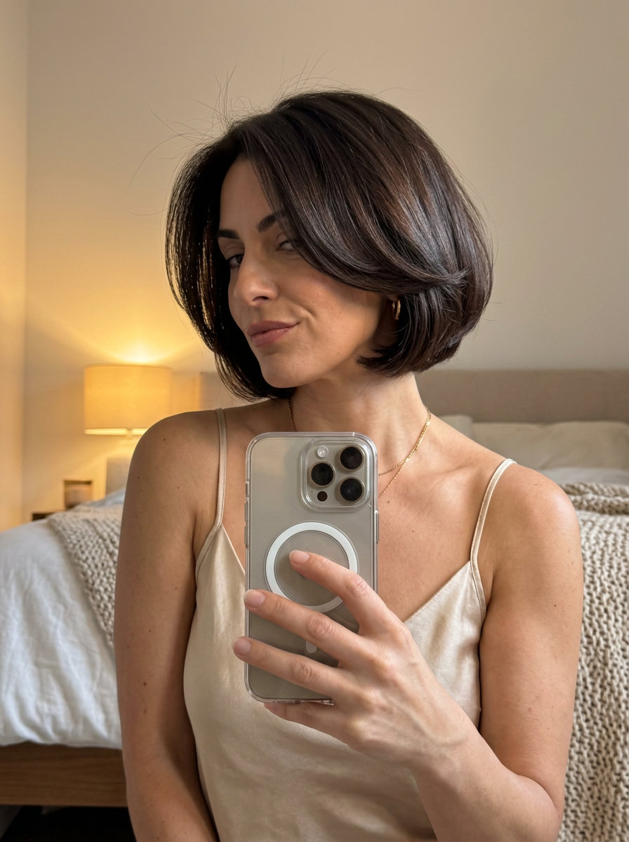 Espresso Roast Baroque Bob 2026 chin-length bob haircut with espresso roast, mahogany undertones, slight A-line, tapered nape — retro glamorous style