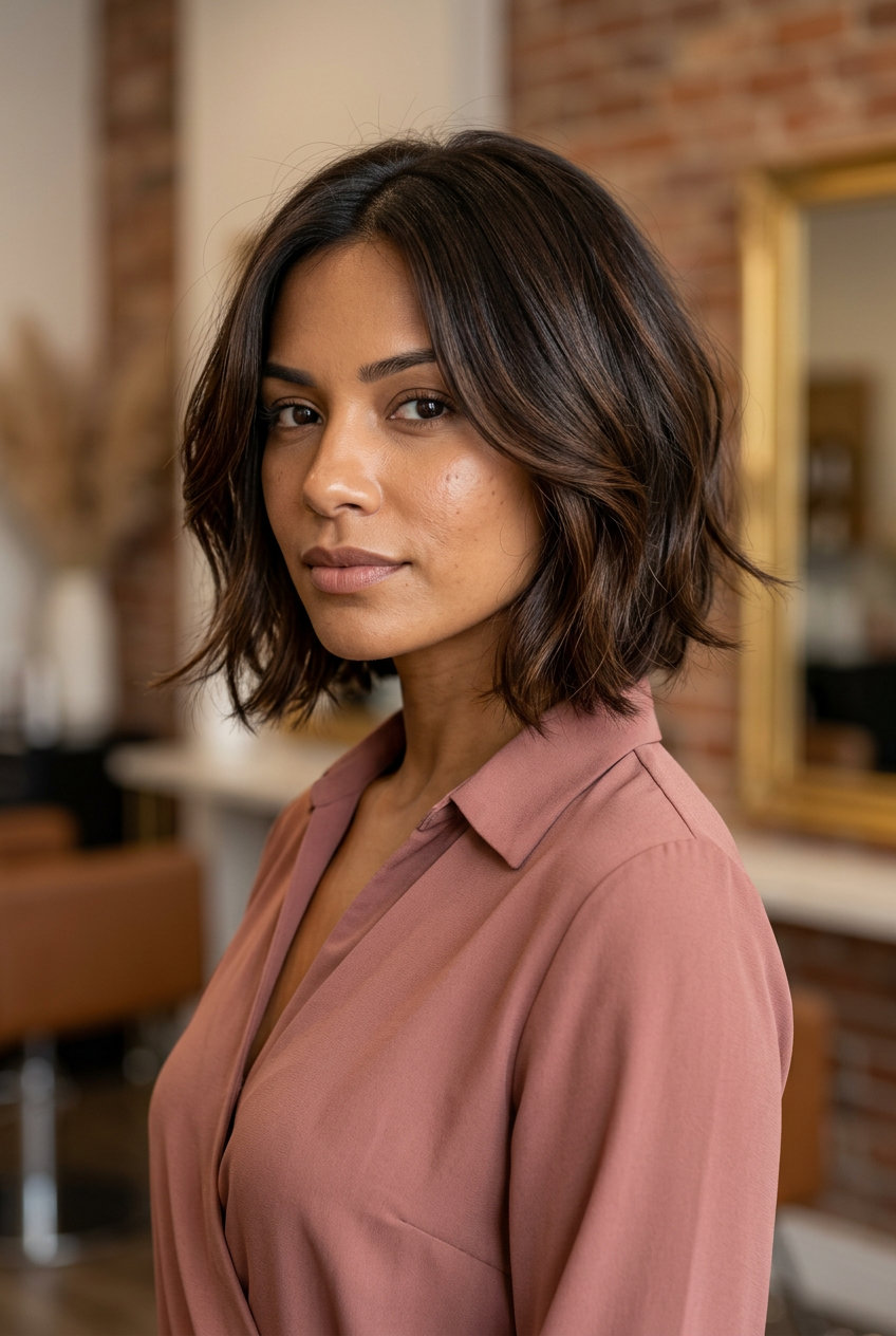 Rich Espresso Bob with Lowlights 2026 chin-length bob haircut with rich espresso brunette, subtle amber lowlights, face-framing pieces — sophisticated date night