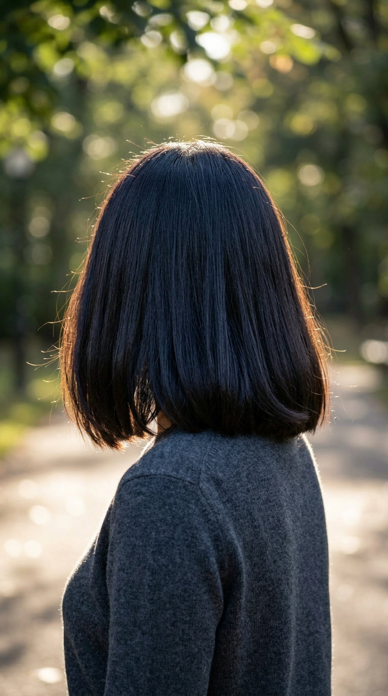 Espresso Roast Blunt Cut: Sleek Summer Hair 2026 collarbone-length blunt cut in espresso brunette with blue-black undertones, no layers, no fringe — sleek professional look