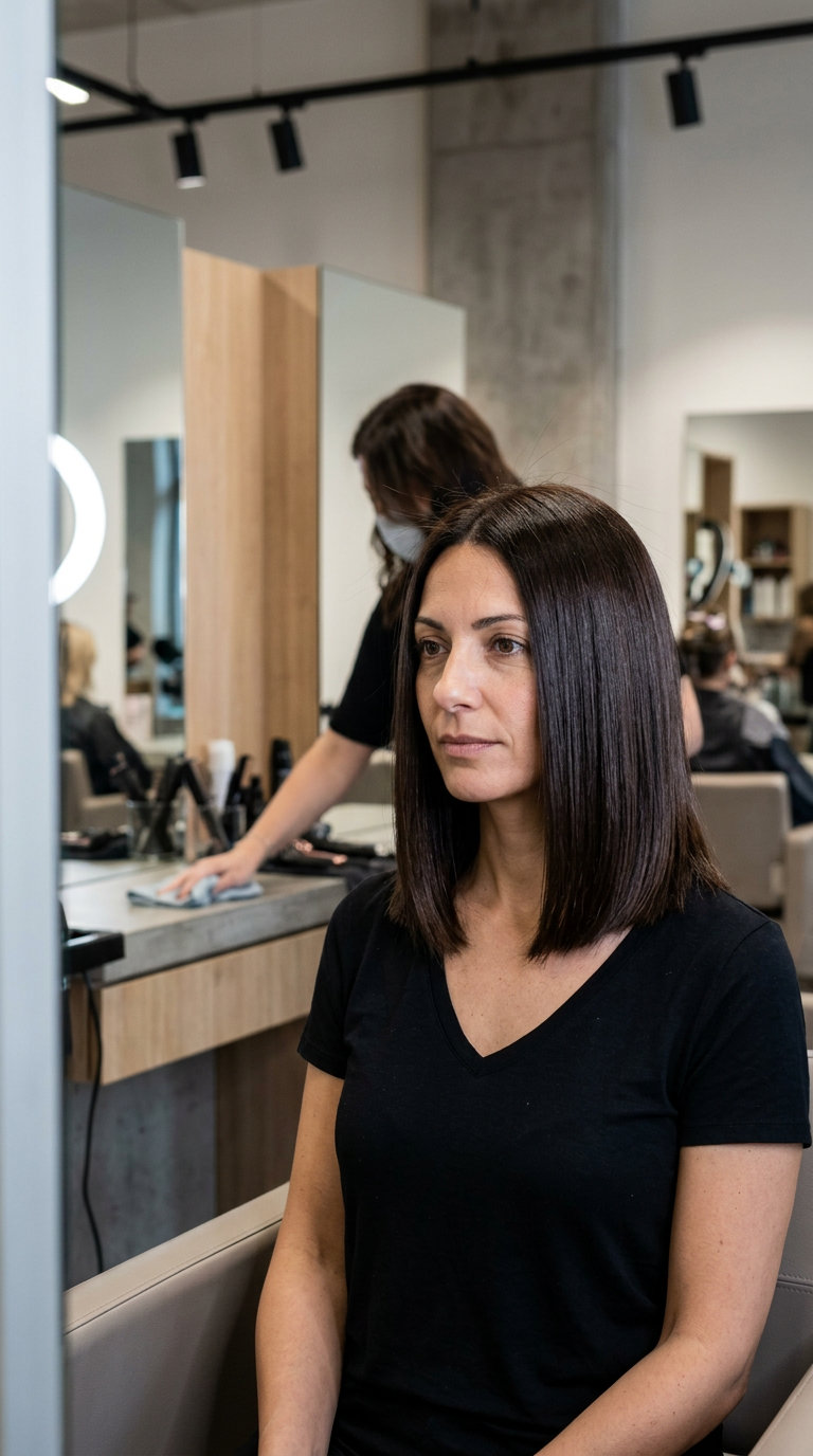 collarbone-grazing blunt lob haircut espresso brunette, glossy black — minimalist, sophisticated