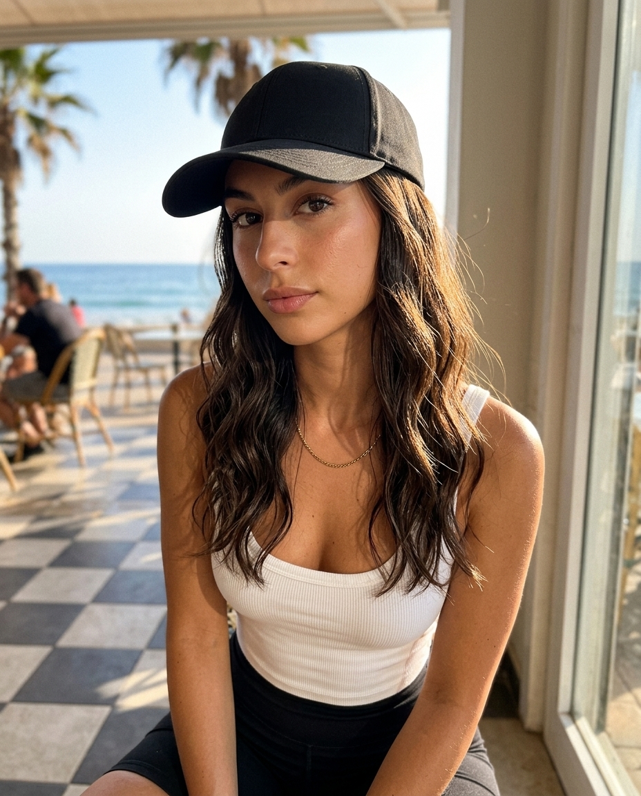 long beachy waves with espresso brunette, slicked crown, low ponytail cap — sporty casual errand