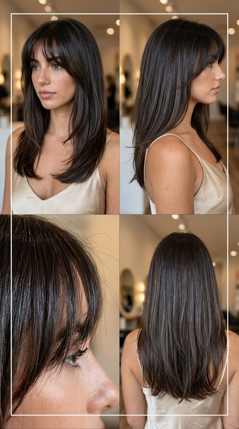 long haircut with deep espresso brunette, wispy Birkin bangs and face-framing for romantic looks