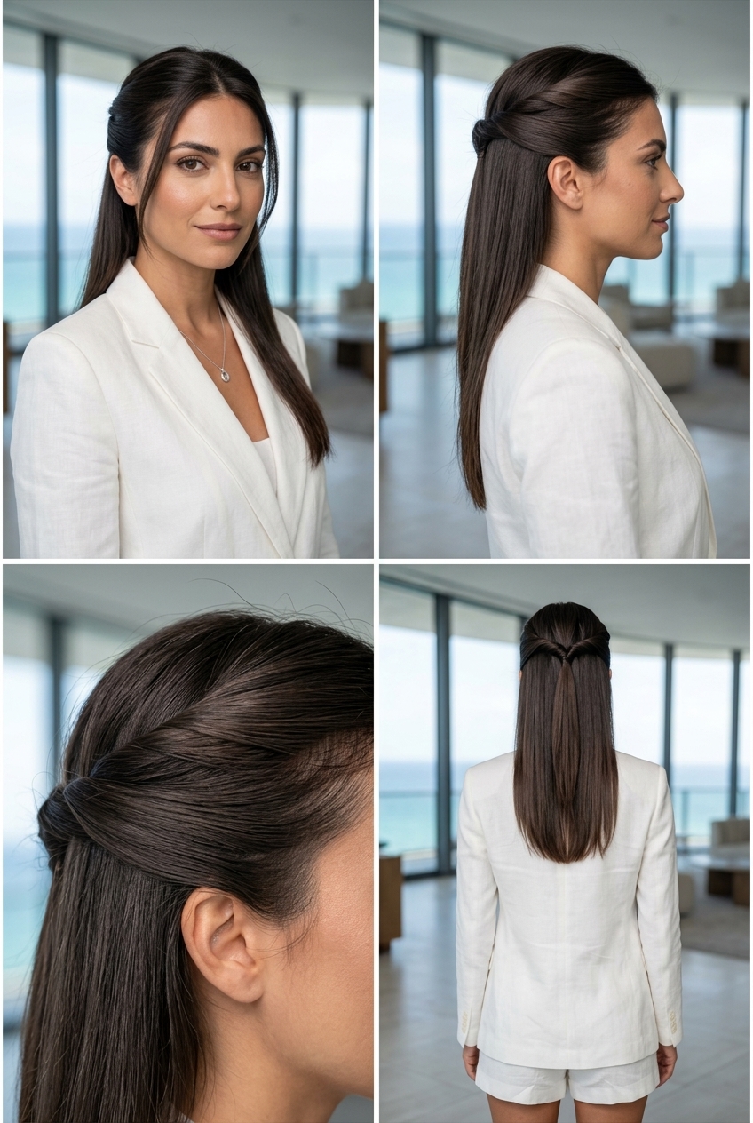 long espresso brunette twisted half up half down with subtle dimension, sleek finish for professional events