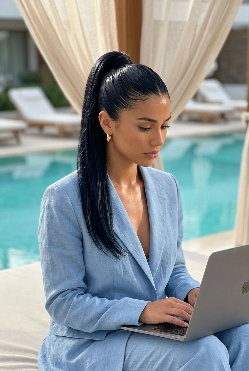 long espresso roast high ponytail with blue-black shine, sleek modern look for professional zoom calls