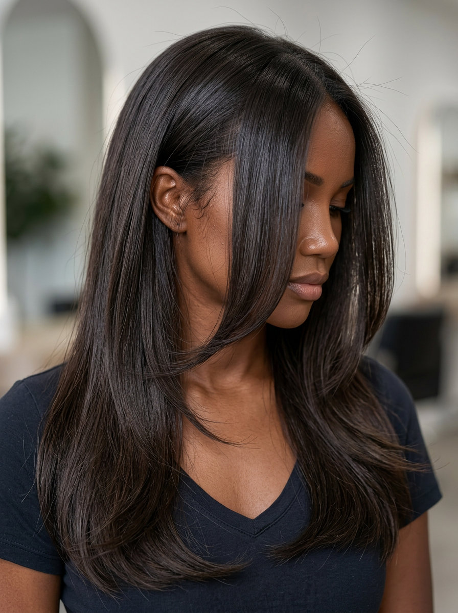 long haircut with deep espresso brunette, invisible layers and face-framing for sophisticated looks