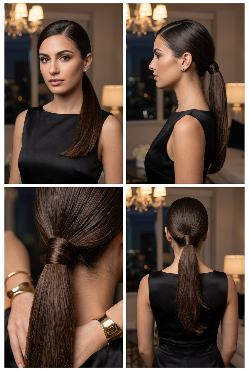 long espresso brunette low side ponytail with sleek finish for summer