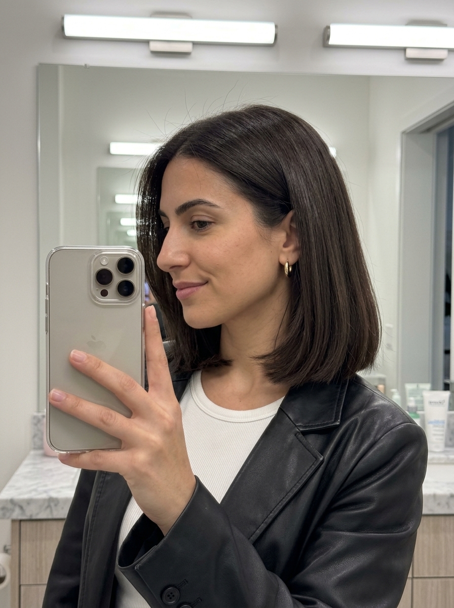 medium blunt haircut in deep espresso brunette for summer