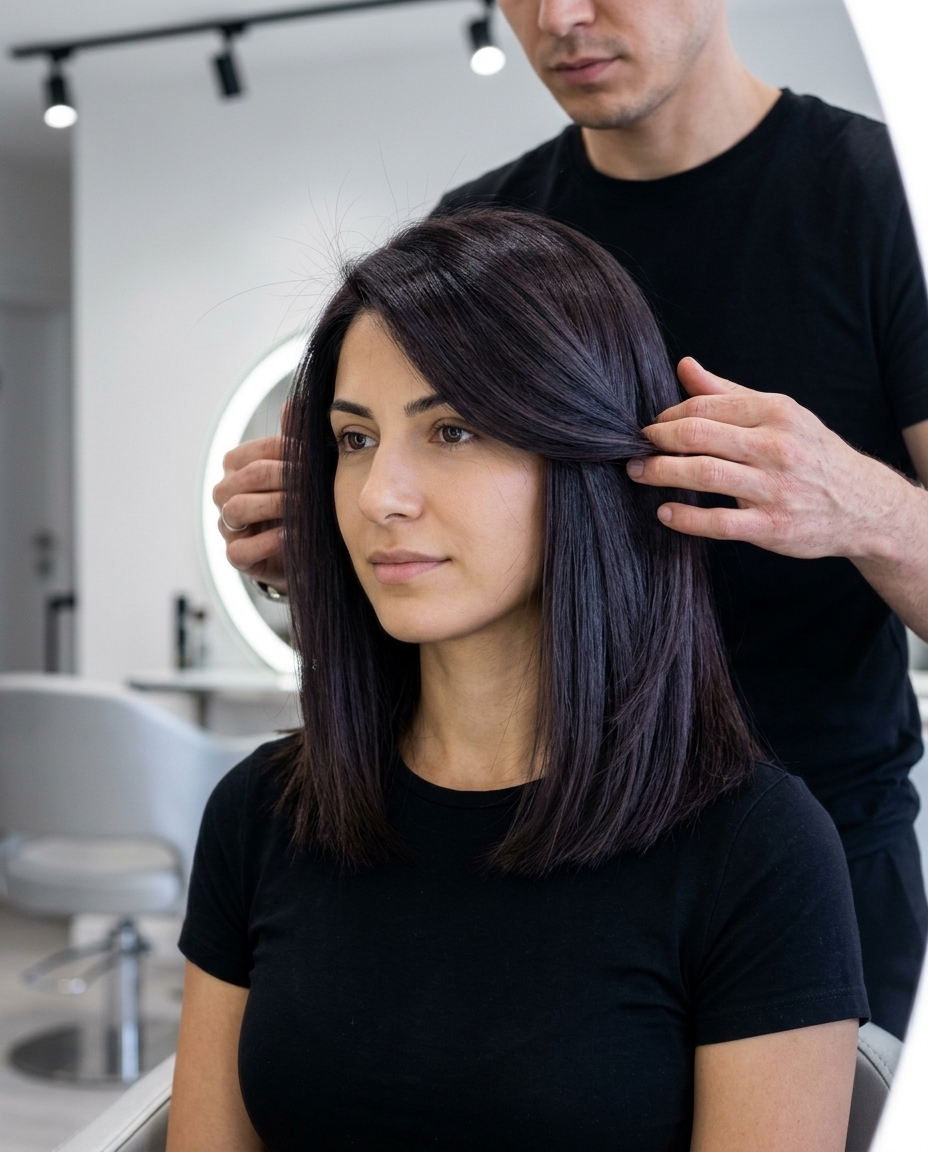 medium blunt haircut in deep espresso brunette with high gloss for professional settings