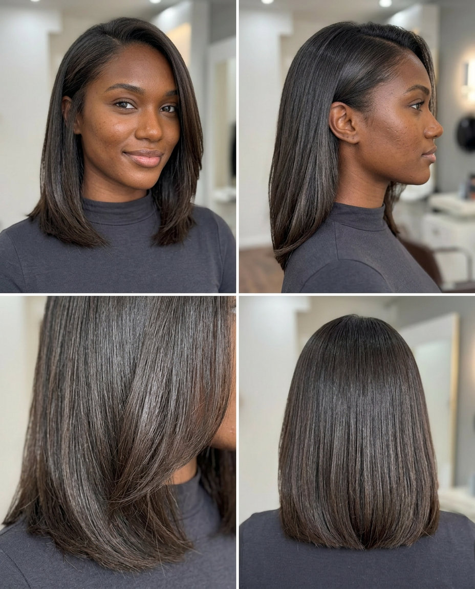 medium layered lob haircut with espresso brunette, invisible layers, deep side part — chic date night