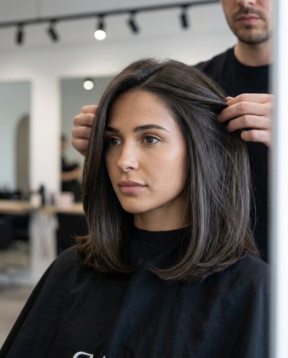 medium sculpted lob haircut with deep espresso brunette, subtle graduation, deep side part — professional meeting
