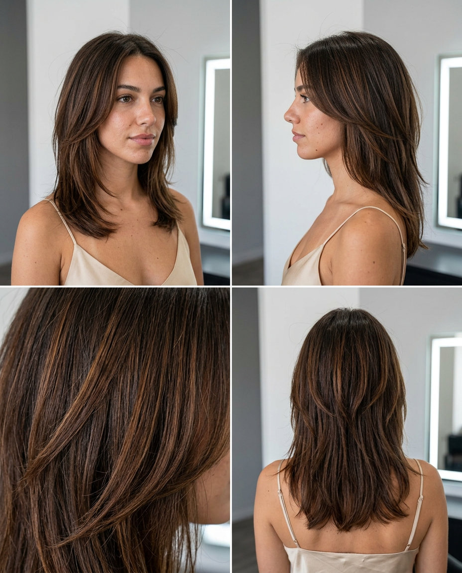medium-long espresso brunette wolf cut with cinnamon lowlights, piecey textured layers and eye-grazing fringe for daily wear