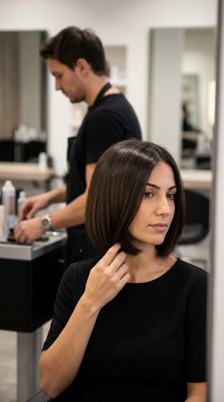 short bob haircut in rich espresso brunette with cool undertones, softly blunt perimeter, no bangs — sophisticated, elegant