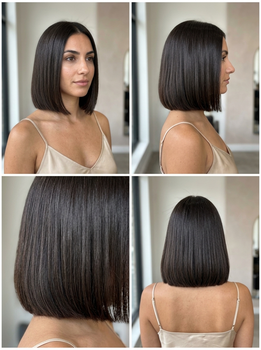 Espresso Brunette Bob: Minimalist Chic 2026 short italian bob haircut in deep cool brunette, laser-cut blunt perimeter, no fringe — minimalist and sophisticated