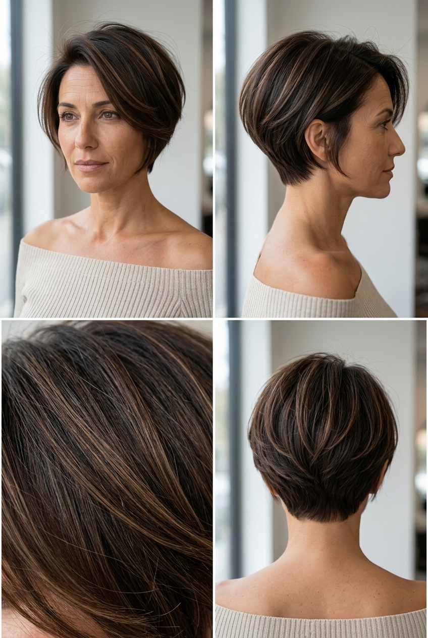 short pixie haircut in rich espresso brunette with caramel micro-highlights, sculpted volume, tapered nape — elegant sophisticated style